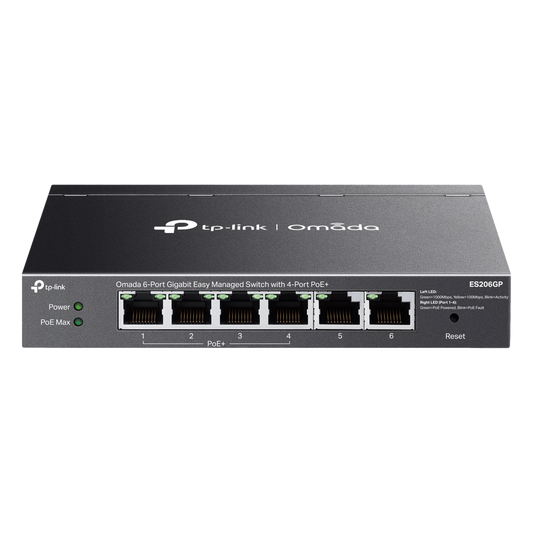 Switch Omada 6 Puertos Gigabit / 4 Puertos PoE+ 65W / Gestión Cloud SDN / Sin Ventiladores / QoS / VLAN / IGMP Snooping / 250 m PoE