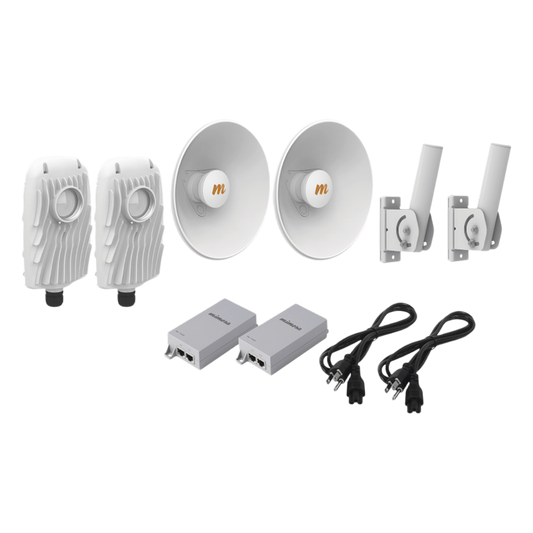Kit de 2 radios B5X con kit de antenas de (25 dBi), rango de frecuencia extendida (4.9 a 6.4 GHz),  incluye inyector POE, cable de alimentación y 2 FLEXIMOUNT-XL para alineación, distancia de hasta 10 km