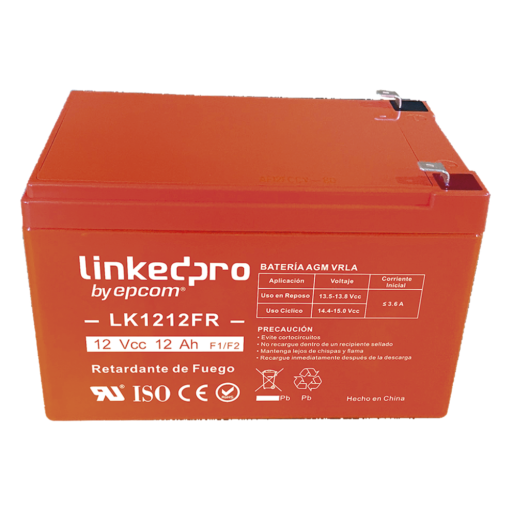 Batería de respaldo 12 V   | 12 Ah  |  AGM | Certificada UL94-V0 Retardante a la Flama  | Especial para Seguridad Electrónica | UPS  | Sistemas de Emergencia | Vida útil 5 años | Terminales F1  + Adaptador F2