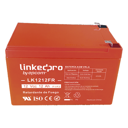 Batería de respaldo 12 V   | 12 Ah  |  AGM | Certificada UL94-V0 Retardante a la Flama  | Especial para Seguridad Electrónica | UPS  | Sistemas de Emergencia | Vida útil 5 años | Terminales F1  + Adaptador F2