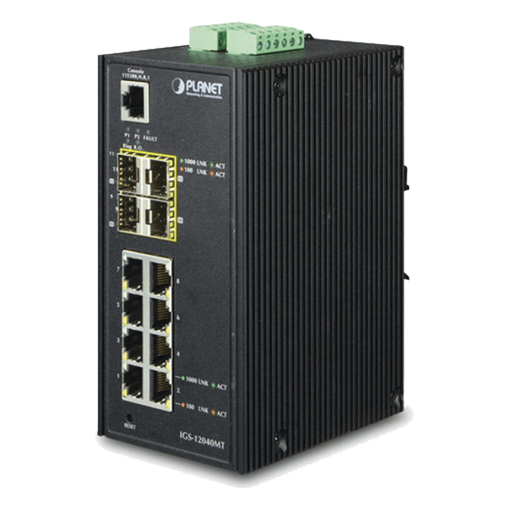 Switch Industrial Administrable de 8-Puertos 10/100/1000T + 4-Puertos 100/1000X SFP