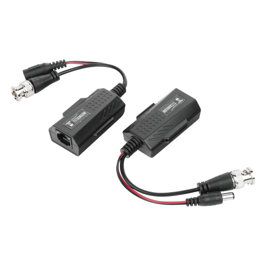 Kit de transceptores activos con conector para alimentación (12V/24Vcc/AC) TurboHD para aplicaciones de video por UTP Cat5e/6 en HD. Distancia de hasta 150 m en 4K