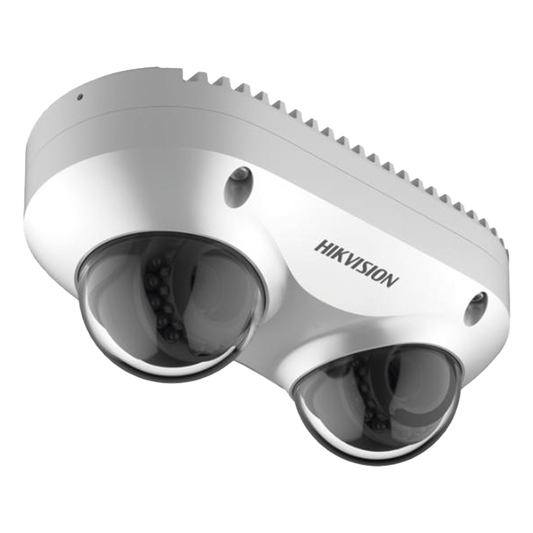PanoVu Series / Lente Dual de 4 Megapixel / 2 Lentes Fijos de 2.8 mm / Recomendado para Pasillos o Esquinas / IP67 / IK10 / PoE / WDR 120 dB / 10 mts IR / Entrada y Salida de Audio y Alarma / MicroSD