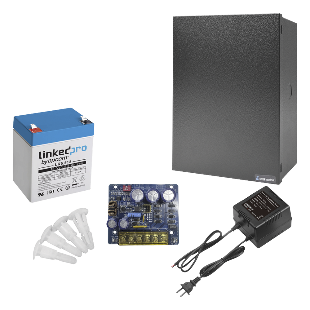 Kit con fuente PLB3 con salida de 12 Vcc a 4 Amper, incluye transformador y batería de 12 V a  5.5 Amper