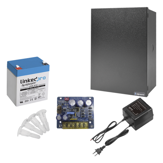 Kit con fuente PLB3 con salida de 12 Vcc a 4 Amper, incluye transformador y batería de 12 V a  5.5 Amper