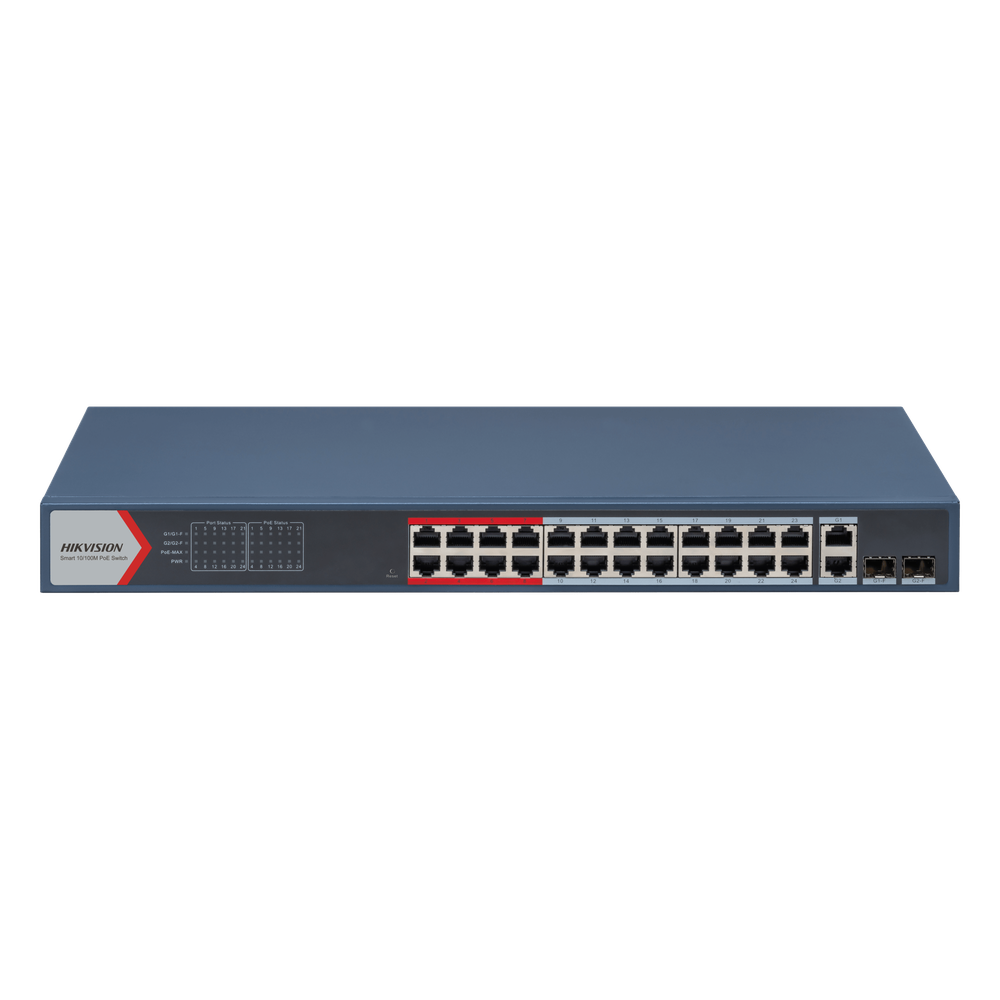Switch PoE+ Administrable / 24 Puertos 10/100 Mbps PoE+ / 2 Puertos Gigabit Combo / 370 W / Modo Extendido 300 m / Hik-Partner Pro / 6 kV Protección