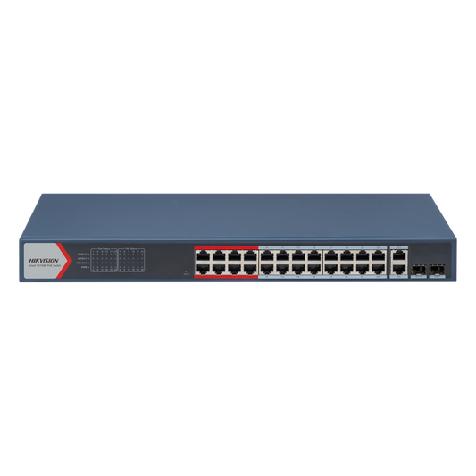 Switch PoE+ Administrable / 24 Puertos 10/100 Mbps PoE+ / 2 Puertos Gigabit Combo / 370 W / Modo Extendido 300 m / Hik-Partner Pro / 6 kV Protección