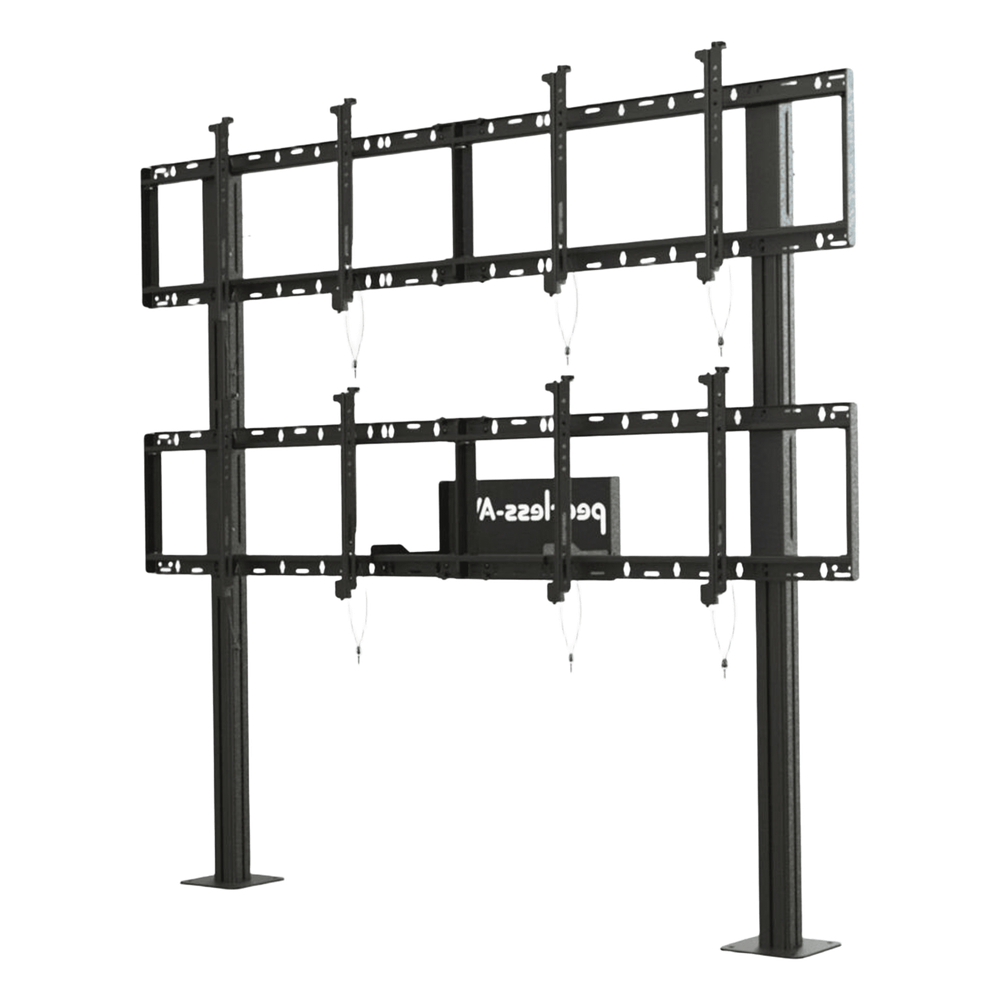 Soporte Modular para Video Wall Pedestal 2x2 / Ajuste Micro Sin Herramientas / 8 Puntos de Alineación / Capacidad 500 lb / VESA 200x200 a 600x400 mm / Estructura Aluminio / Gestión Cableado Integrada / Almacenamiento Multimedia