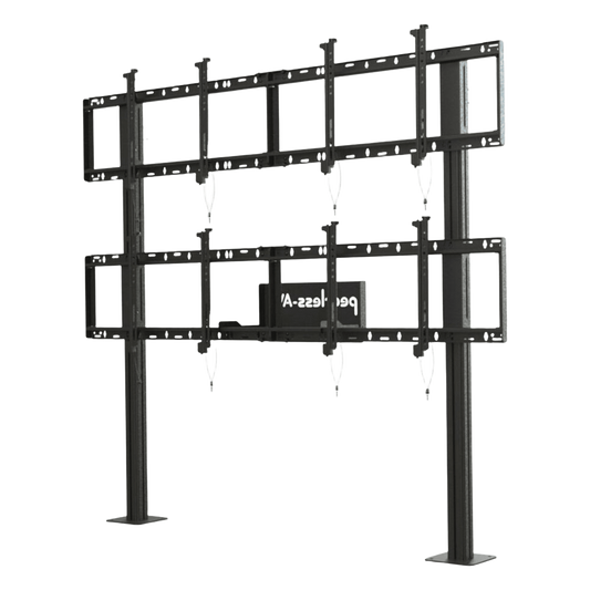Soporte Modular para Video Wall Pedestal 2x2 / Ajuste Micro Sin Herramientas / 8 Puntos de Alineación / Capacidad 500 lb / VESA 200x200 a 600x400 mm / Estructura Aluminio / Gestión Cableado Integrada / Almacenamiento Multimedia