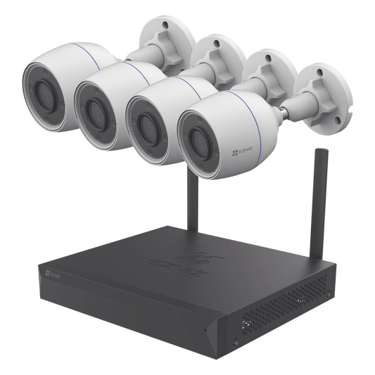 Kit de cámaras Wi-Fi / Incluye 1 NVR 4 canales / 4 Cámaras Bala 2 Megapixel / Para Uso en Exterior IP67 / Vision Nocturna a Color