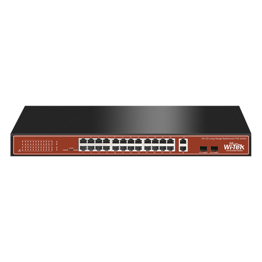 Switch PoE (802.3af/at/bt) / No administrable de largo alcance / Hasta 250m / Con 24 x 10/100Mbps + 2 x SFP Gigabit Combo / 250 W