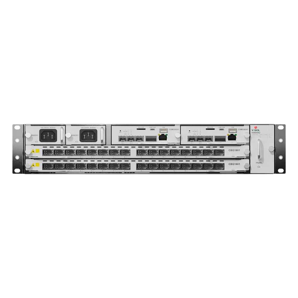 OLT Modular tipo Chasis GPON/XGS-PON Combo,1 Tarjeta de Servicio de 16 Puertos GPON, 2 Ranuras, 2 Fuentes de Alimentación AC, 2 UR