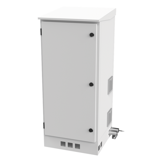 Gabinete de Piso para Exterior con Ventiladores y Termostato con Rack de 19" de 16 U + Espacio para Baterías, Se envía el Gabinete Armado.
