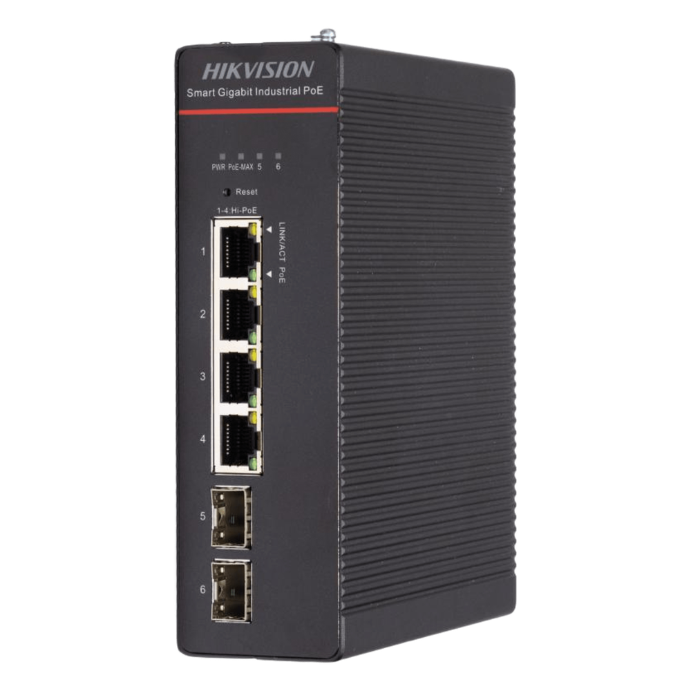 Switch Industrial / Administrable Gigabit / 4 Puertos Gigabit HiPoE (90 W) / 2 Puertos SFP / 300 W Total / 48 a 57 VCD / Ideal para Proyectos / 300 Metros de Distancia