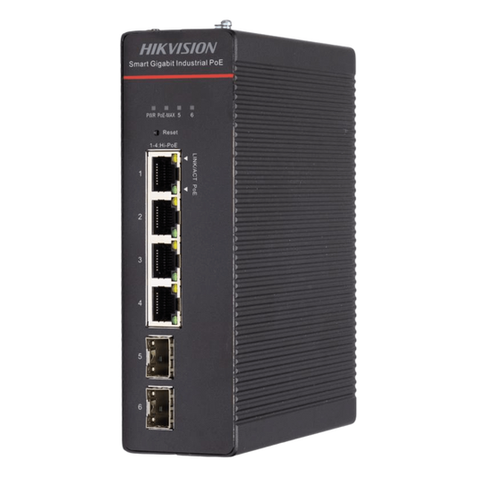 Switch Industrial / Administrable Gigabit / 4 Puertos Gigabit HiPoE (90 W) / 2 Puertos SFP / 300 W Total / 48 a 57 VCD / Ideal para Proyectos / 300 Metros de Distancia