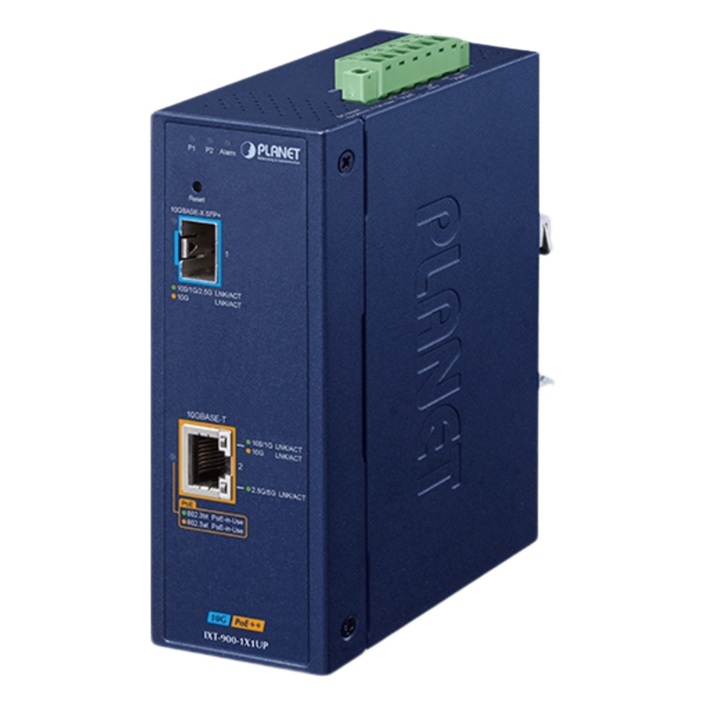 Convertidor de Medios PoE Industrial / Puertos 10G SFP+ y 10GBASE-T / PoE++ 802.3bt 95W / -40 a 75°C Operación / VLAN, ERPS, QoS /Cuenta con Doble Entrada para Fuente de Alimentación 12~54V