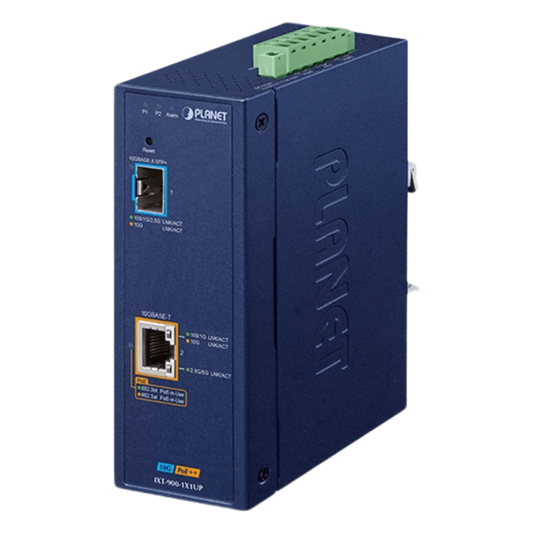 Convertidor de Medios PoE Industrial / Puertos 10G SFP+ y 10GBASE-T / PoE++ 802.3bt 95W / -40 a 75°C Operación / VLAN, ERPS, QoS /Cuenta con Doble Entrada para Fuente de Alimentación 12~54V