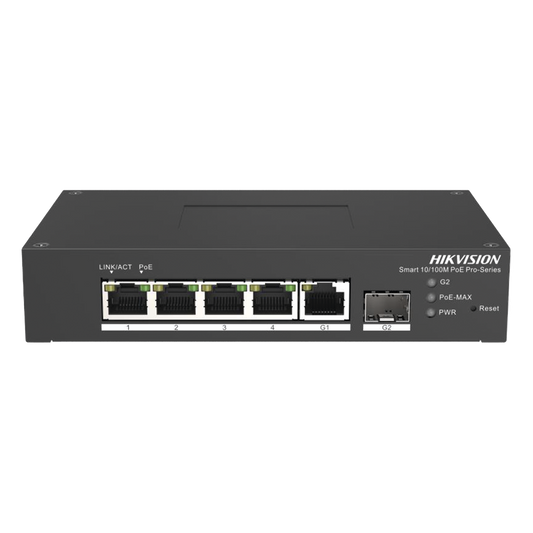 Switch PoE+ Industrial de Escritorio / Administrable / 4 Puertos 10/100 Mbps PoE+ / 1 Puerto 1000 Mbps Uplink / 1 Puertos SFP  /  Configuración Nube Hik-PartnerPro / Modo Extendido hasta 300 Metros / 60 Watts