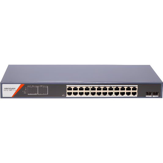 Switch Gigabit PoE+ / Administrable / 24 Puertos 1000 Mbps PoE+ / 2 Puertos SFP / Configuración Remota desde Hik-PartnerPro / PoE Extendido 250 Metros / 370 Watts