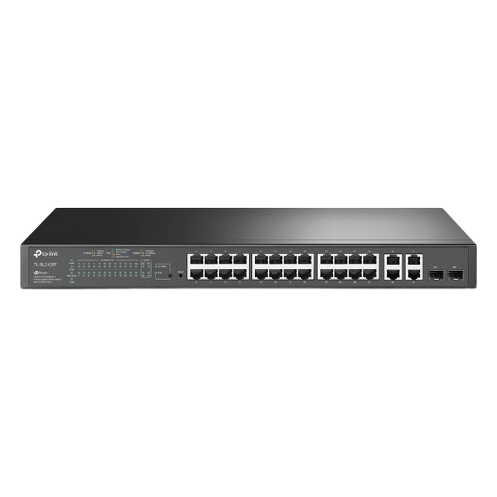 Switch PoE+ JetStream SDN Administrable 24 puertos 10/100 Mbps + 2 puertos 10/100/1000 Mbps (Uplink) + 2 puertos SFP (combo 2 RJ45 10/100/1000 Mbps), 250W, administración centralizada OMADA SDN