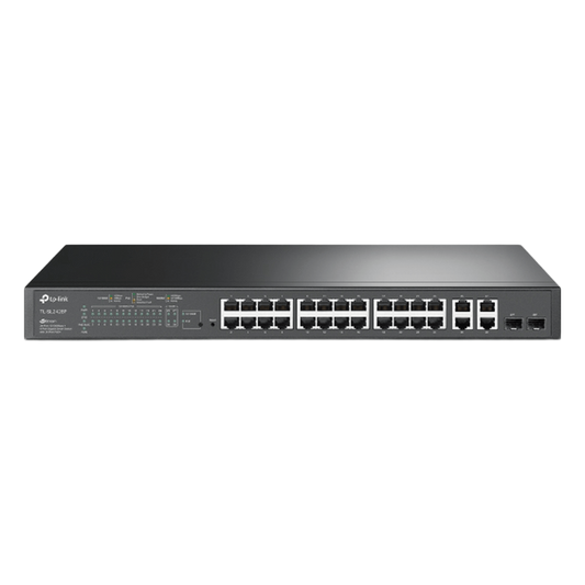 Switch PoE+ JetStream SDN Administrable 24 puertos 10/100 Mbps + 2 puertos 10/100/1000 Mbps (Uplink) + 2 puertos SFP (combo 2 RJ45 10/100/1000 Mbps), 250W, administración centralizada OMADA SDN