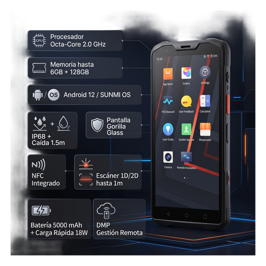 Handheld SUNMI L2S PRO / Octa-Core 2.0 GHz / 4GB RAM 64GB / IP68 / Escáner 1D/2D 1 m / NFC / 5000 mAh / Android 12