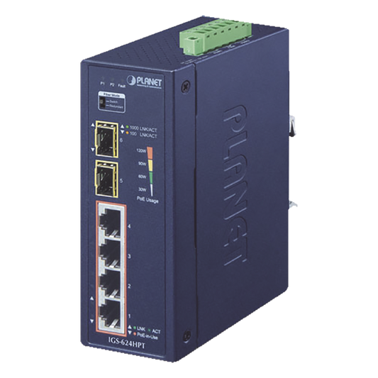 Switch PoE Industrial No Administrable de 4 Puertos PoE 10/100/1000T 802.3at, 2 Puertos SFP 10/1000X
