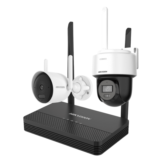 Kit IP Inalámbrico 4 Megapixel / NVS 4 Canales / 1 Cámara Bala Exterior + 1 Cámara Turret Interior con Lente 2.8 mm y Dual Light / Audio Bidireccional (Micrófono y Bocina) / Soporta Micro SD de 512 GB