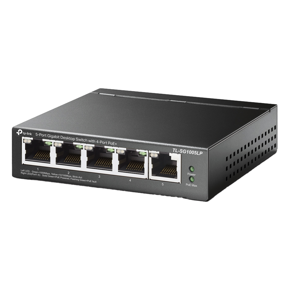 Switch Escritorio No Administrable de 5 puertos 100/100/1000 Mbps / Con 4 puertos PoE 802.3af/at de hasta 40 W