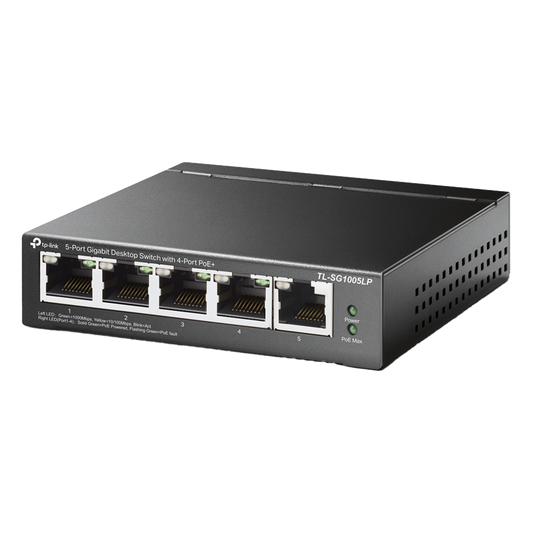Switch Escritorio No Administrable de 5 puertos 100/100/1000 Mbps / Con 4 puertos PoE 802.3af/at de hasta 40 W