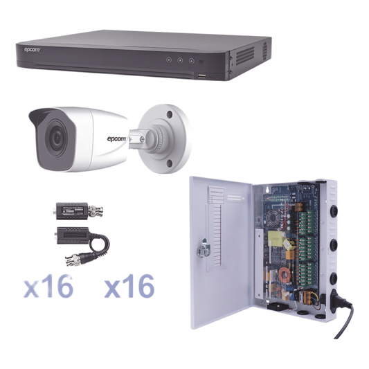 KIT TurboHD 1080p / DVR 16 Canales / 16 Cámaras Bala (exterior 2.8 mm) / Transceptores / Conectores / Fuente de Poder Profesional