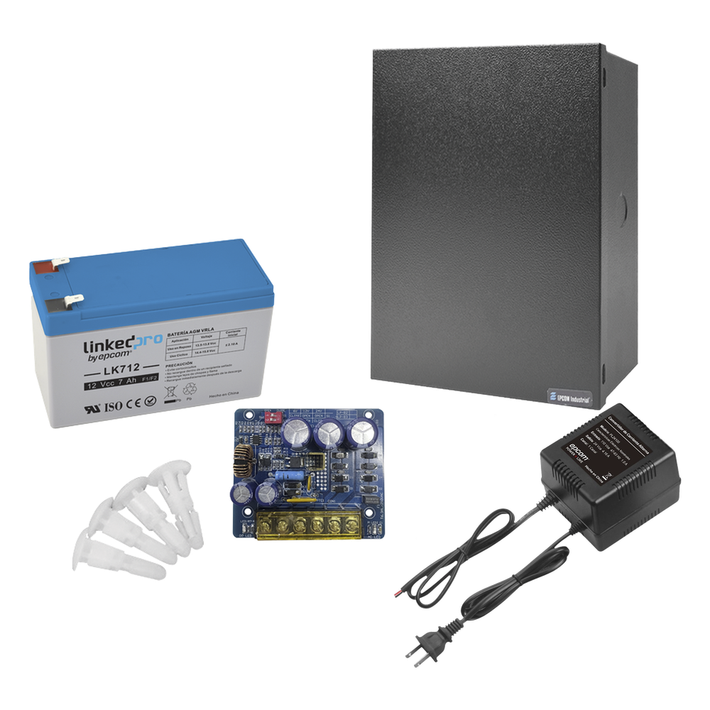 Kit con fuente PLB3 con salida de 12 Vcc a 4 Amper, incluye transformador y batería de 12 V a 7 Amper