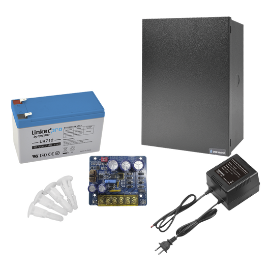Kit con fuente PLB3 con salida de 12 Vcc a 4 Amper, incluye transformador y batería de 12 V a 7 Amper