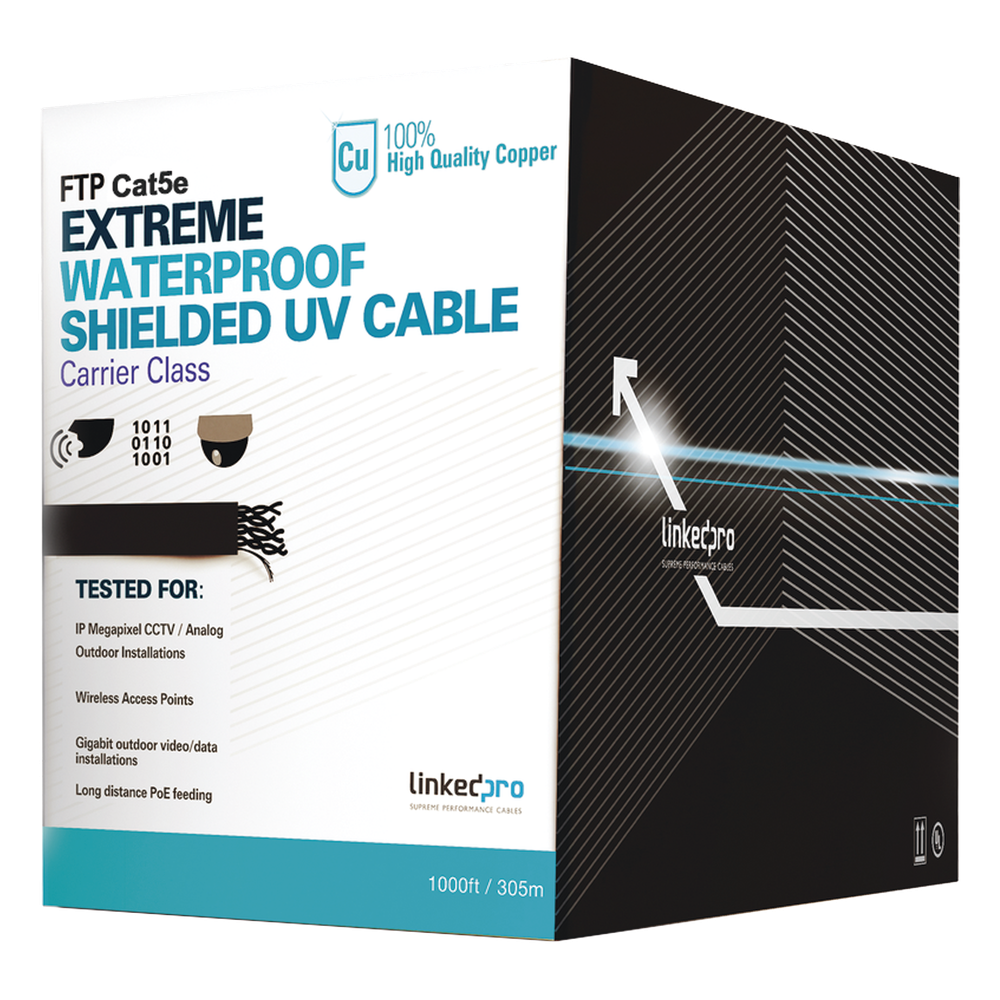 Cable UTP Categoría 5e para Exterior / 24AWG 4 Pares / Conductor Cobre Desnudo / Cubierta LDPE Negra Resistente a Rayos UV / Relleno Anti-Humedad PE Tap Compound / Soporte PoE IEEE 802.3at y Gigabit Ethernet / 1000 ft (304.8 m)