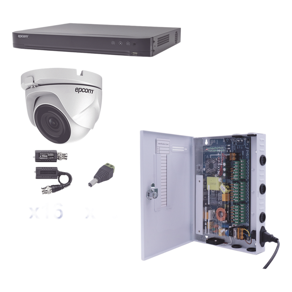 KIT TurboHD 1080p / DVR 16 Canales / 16 Cámaras Eyeball (exterior 2.8 mm) / Transceptores / Conectores / Fuente de Poder Profesional