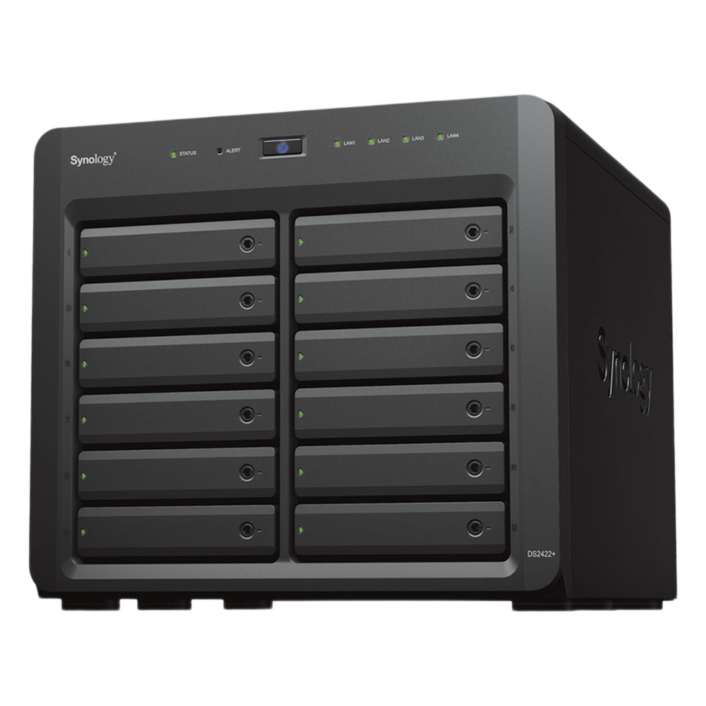 NAS Synology DiskStation DS2422+ | 12 Bahías | Expandible a 24 Bahías | Procesador AMD Ryzen Quad-Core | Hasta 32 GB DDR4 ECC | Caché NVMe SSD | Redes 10/25GbE | Compatible con Virtualización y Vigilancia.