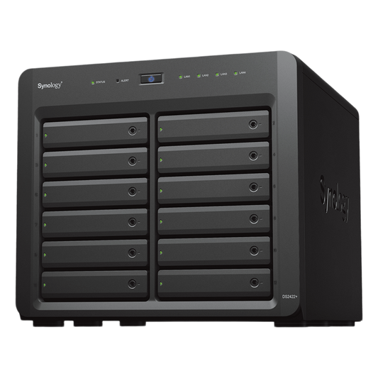 NAS Synology DiskStation DS2422+ | 12 Bahías | Expandible a 24 Bahías | Procesador AMD Ryzen Quad-Core | Hasta 32 GB DDR4 ECC | Caché NVMe SSD | Redes 10/25GbE | Compatible con Virtualización y Vigilancia.