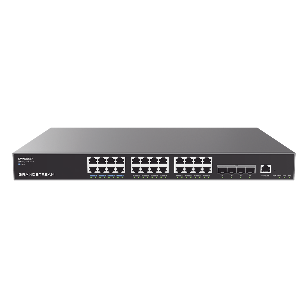Switch Capa 3 PoE+ Administrable / 24 puertos 10/100/1000 Mbps + 4 Puertos SFP+ de 10 Gigabits / Hasta 360W / Compatible con GWN Cloud.