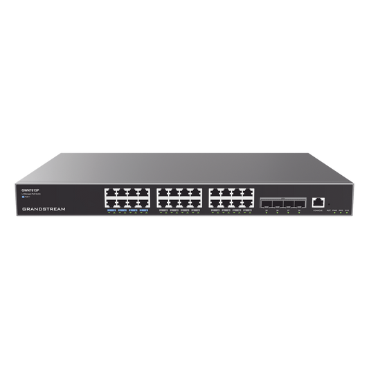 Switch Capa 3 PoE+ Administrable / 24 puertos 10/100/1000 Mbps + 4 Puertos SFP+ de 10 Gigabits / Hasta 360W / Compatible con GWN Cloud.