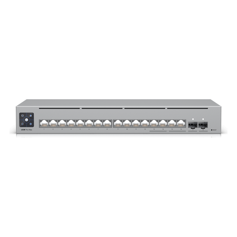 UniFi Switch Pro Max 16 con funciones Capa 3, 16 puertos EtherLight RGB / (4) puertos 2.5 GbE y (12) puertos GbE /(2) puertos SFP+ 10G /con pantalla táctil informativa