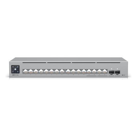 UniFi Switch Pro Max 16 con funciones Capa 3, 16 puertos EtherLight RGB / (4) puertos 2.5 GbE y (12) puertos GbE /(2) puertos SFP+ 10G /con pantalla táctil informativa