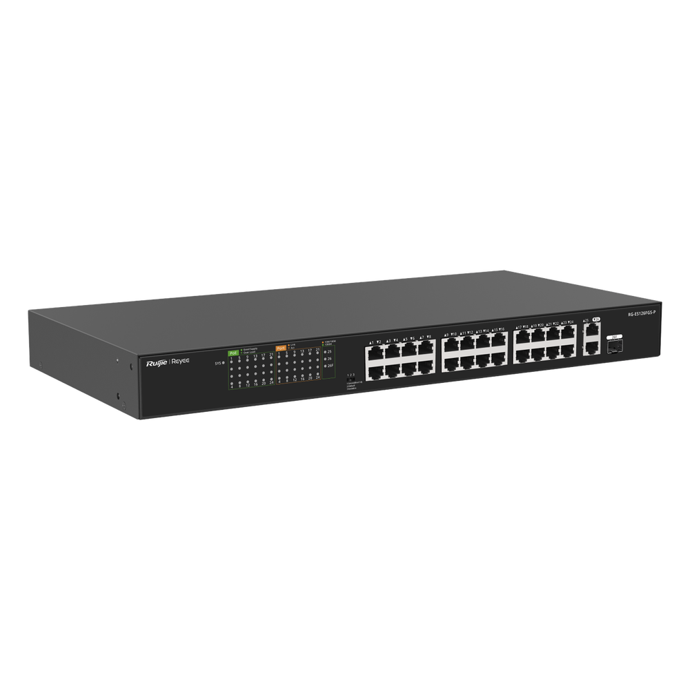 Switch PoE+ no Administrable, hasta 370 Watts Ideal para CCTV, 24 Puertos 10/100 PoE+, 2 Uplinks Gigabit (1 SFP COMBO)