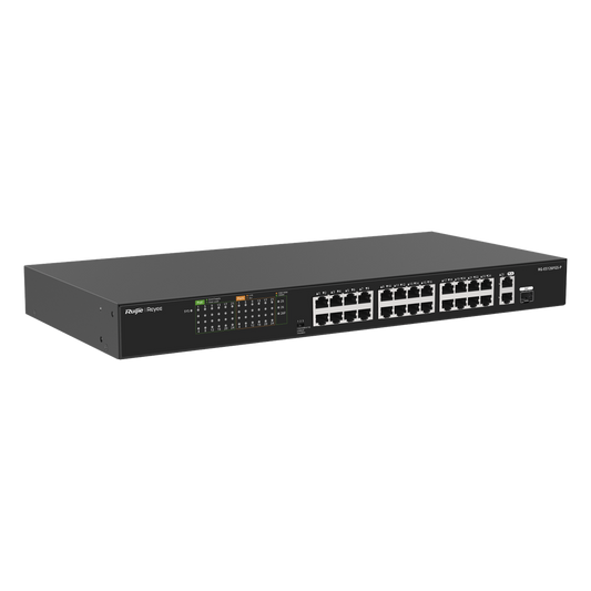 Switch PoE+ no Administrable, hasta 370 Watts Ideal para CCTV, 24 Puertos 10/100 PoE+, 2 Uplinks Gigabit (1 SFP COMBO)