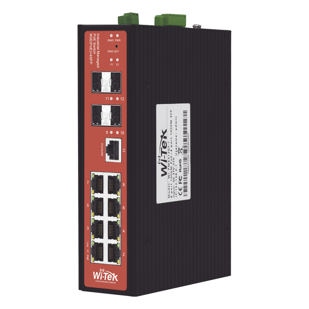 Switch Industrial administrable PoE, puerto 1-2 PoE 24/48. puertos 3-8 puertos 802.3 af/at/bt, hasta 60 W