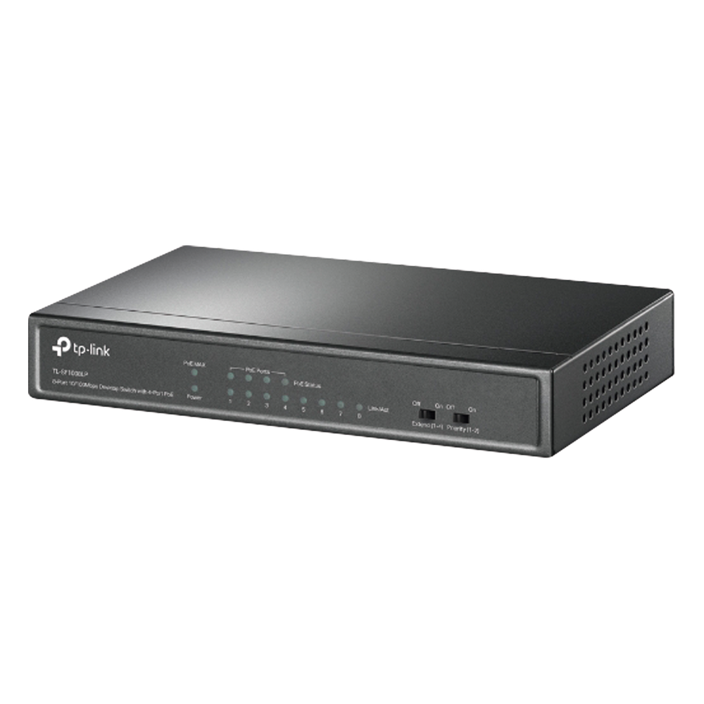Switch PoE No Administrable de Escritorio / 8 puertos 10/100 Mbps / 4 puertos PoE af / Presupuesto 41 W / Modo extensor PoE hasta 250 metros / Calidad video prioritaria
