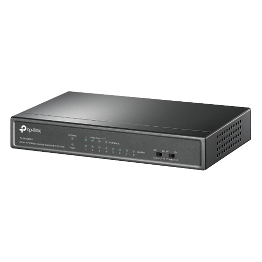 Switch PoE No Administrable de Escritorio / 8 puertos 10/100 Mbps / 4 puertos PoE af / Presupuesto 41 W / Modo extensor PoE hasta 250 metros / Calidad video prioritaria
