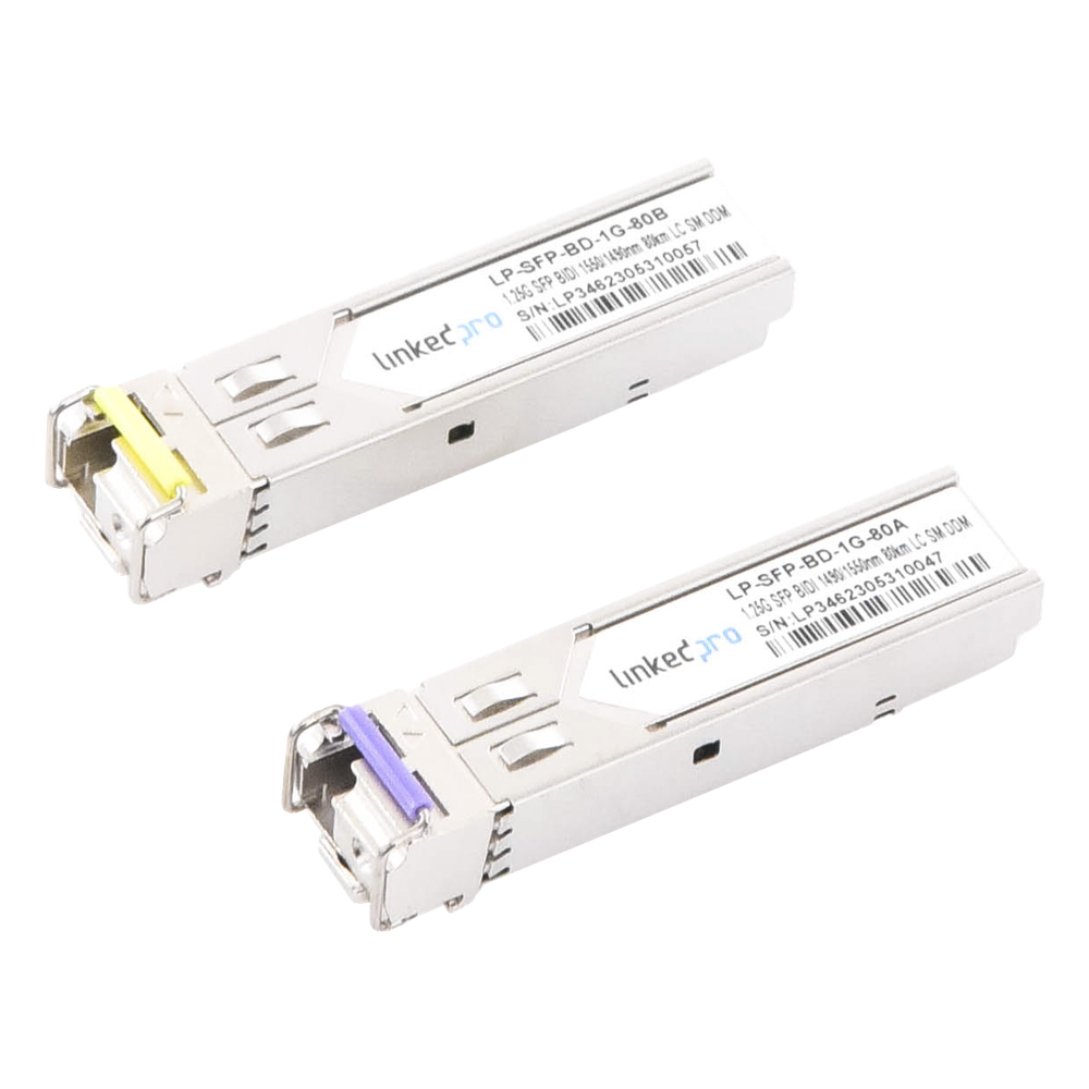 Transceptores Ópticos Bidireccionales SFP (Mini-Gbic) / Monomodo 1490 & 1550 nm / 1.25 Gbps / 1000BASE-BX / Conector LC/UPC Simplex / DDM / Hasta 80 km / 2 Piezas