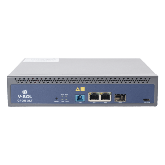 OLT de 1 puerto GPON SC/UPC + 3 puertos Uplink (2 puertos Gigabit Ethernet + 1 puerto SFP/SFP+), Fuente de alimentación redundante AC/DC , hasta 128 ONUS