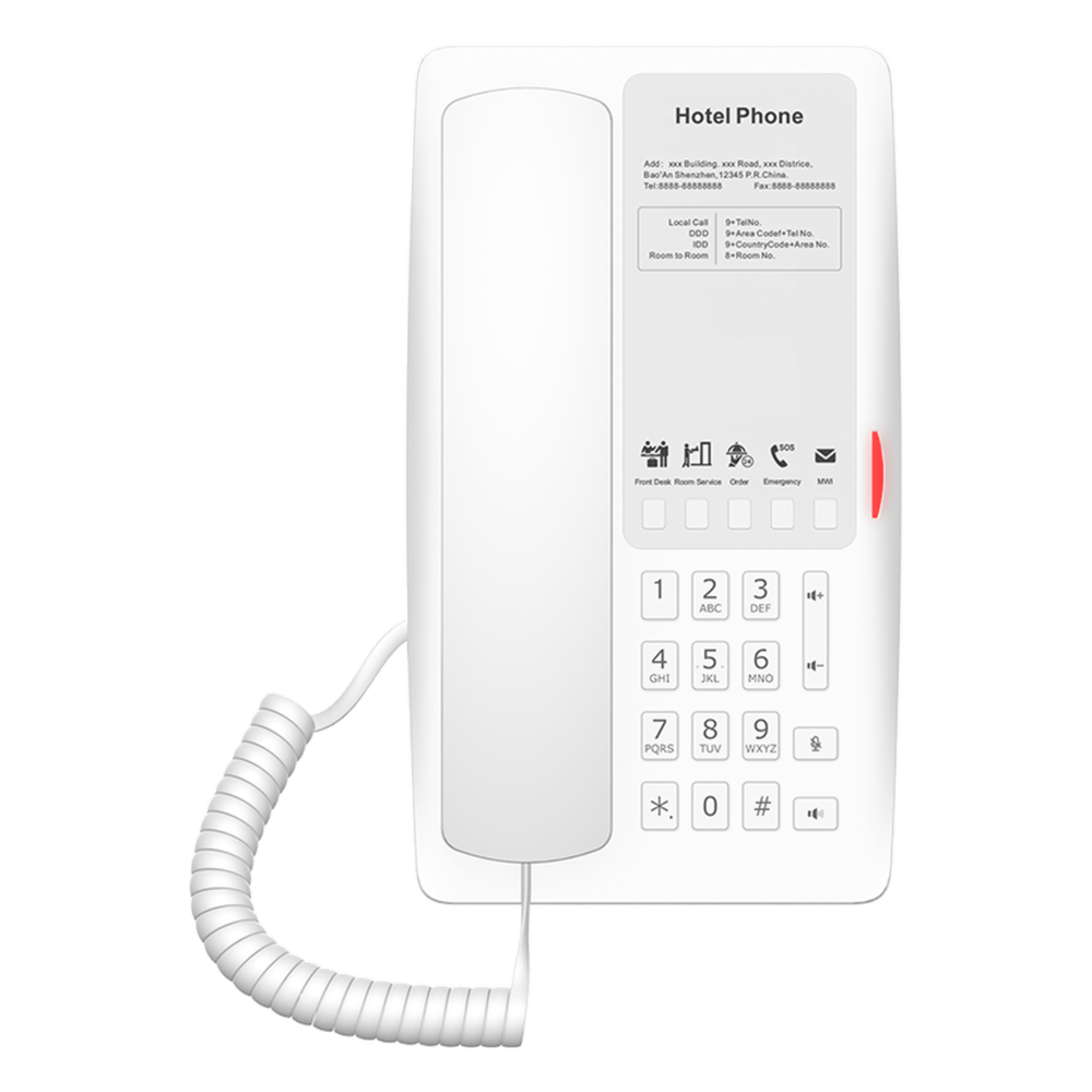 Teléfono IP Hotelero / 2 Líneas SIP / 5 Teclas Programables / Puerto USB-A de Carga / PoE 802.3af / Diseño Blanco / Audio HD Manos Libres