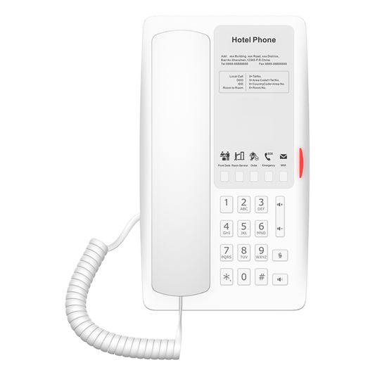 Teléfono IP Hotelero / 2 Líneas SIP / 5 Teclas Programables / Puerto USB-A de Carga / PoE 802.3af / Diseño Blanco / Audio HD Manos Libres
